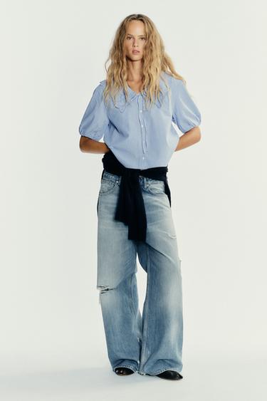 CAMISA CUELLO BOBO RAYAS BORDADOS - Azul / Blanco de Zara
