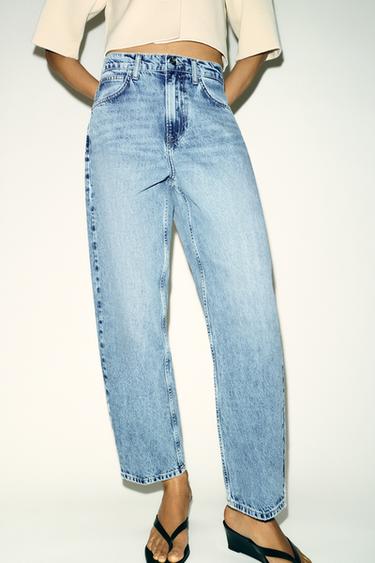 Zaras JEANS Z1975 BARREL MED MEDELHÖG MIDJA OCH PRESSVEK - Blå medel