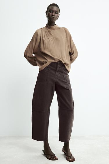 Zara DRAPED COLLAR SATIN EFFECT BLOUSE - Mocha