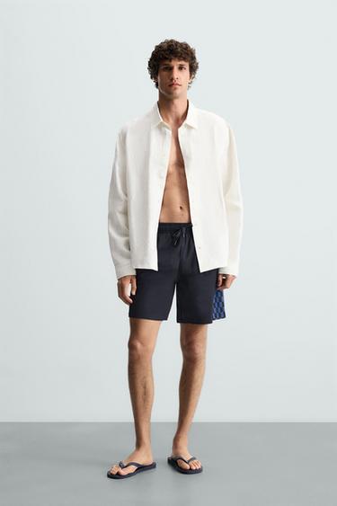 CHECKERED STRIPE LONG SWIMMING TRUNKS - Navy blue by Zara - Image 0