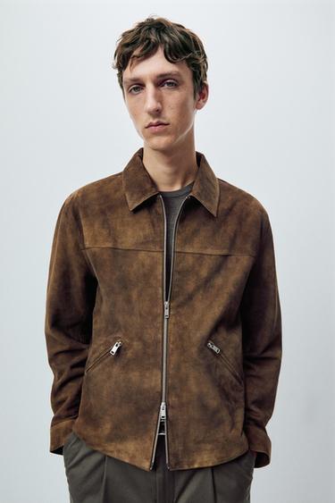Chaqueta cremallera piel ante - Marrón vigoré de Zara