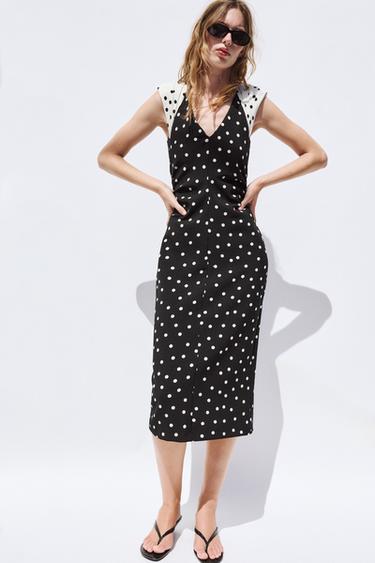 VESTIDO MIDI LUNARES HOMBRERAS - Blanco / Negro de Zara