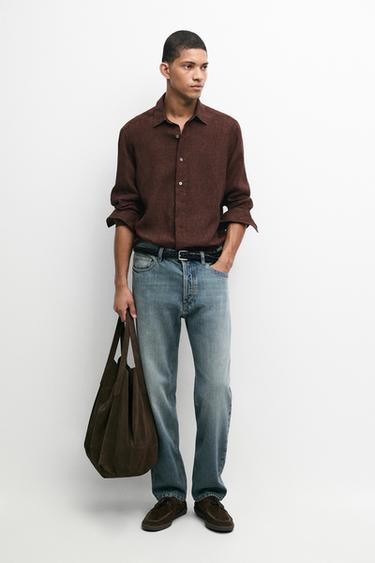 Zara 100% linen regular fit shirt with button detail - Brown - Image 0