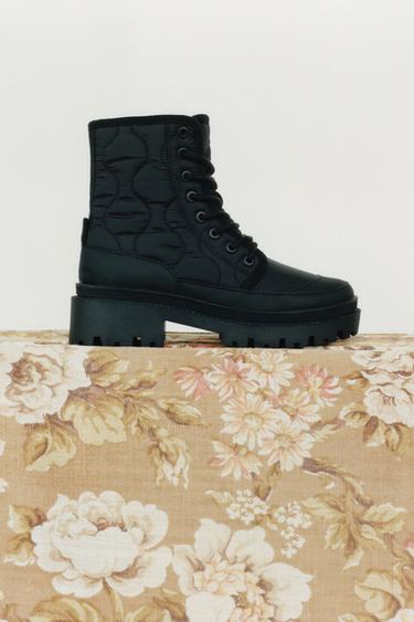 QUILTED LACE-UP ANKLE BOOTS - Black by Zara
