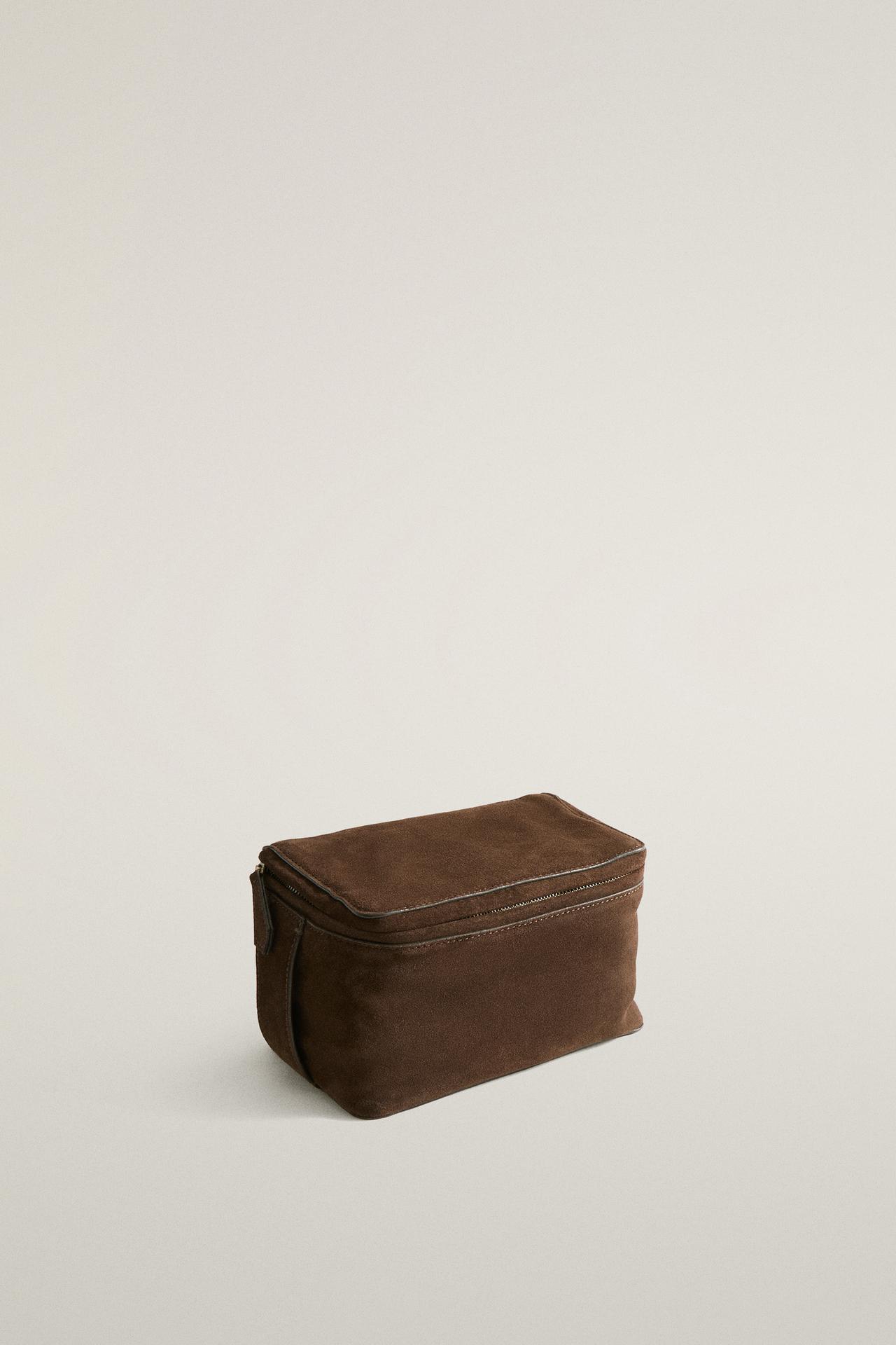 LEATHER SUEDE MAKEUP BAG — Chocolate Brown