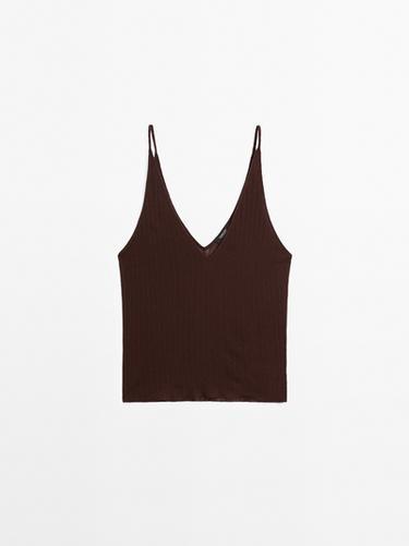 Zara Openwork cotton blend strappy top - Maroon