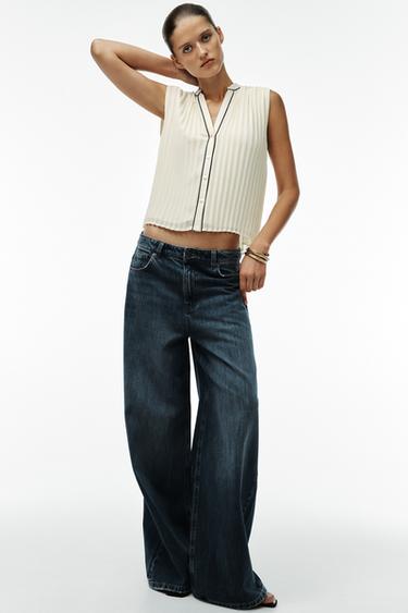Zara CONTRAST PIPED TRIM PLEATED BLOUSE - Ecru