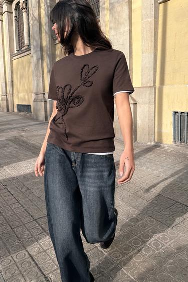 Zara RAISED BOW T-SHIRT - Brown