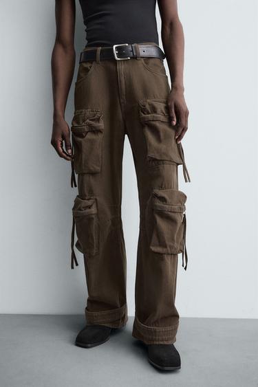 PANTALON CARGO EN DENIM À POCHES - Marron de Zara - Image 4
