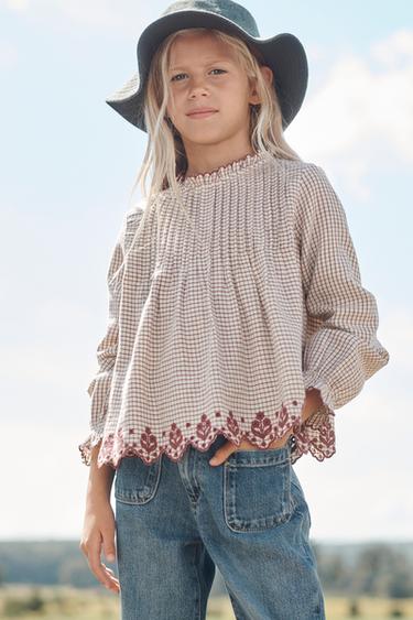 GINGHAM BLUSE MED BRODERI - LIMITED EDITION - bordeaux/råhvid fra Zara - Billede 0