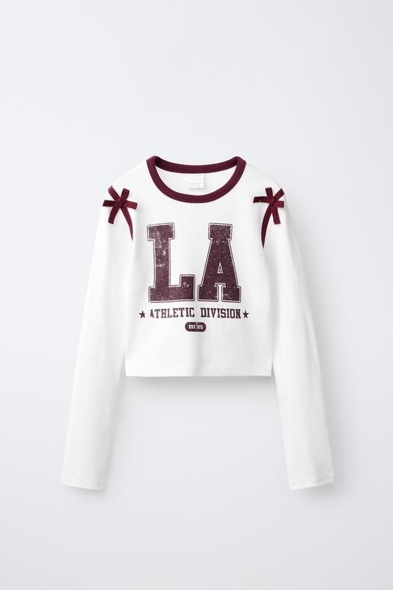VARSITY T-SHIRT WITH BOWS - Oyster-white by Zara - Image 0