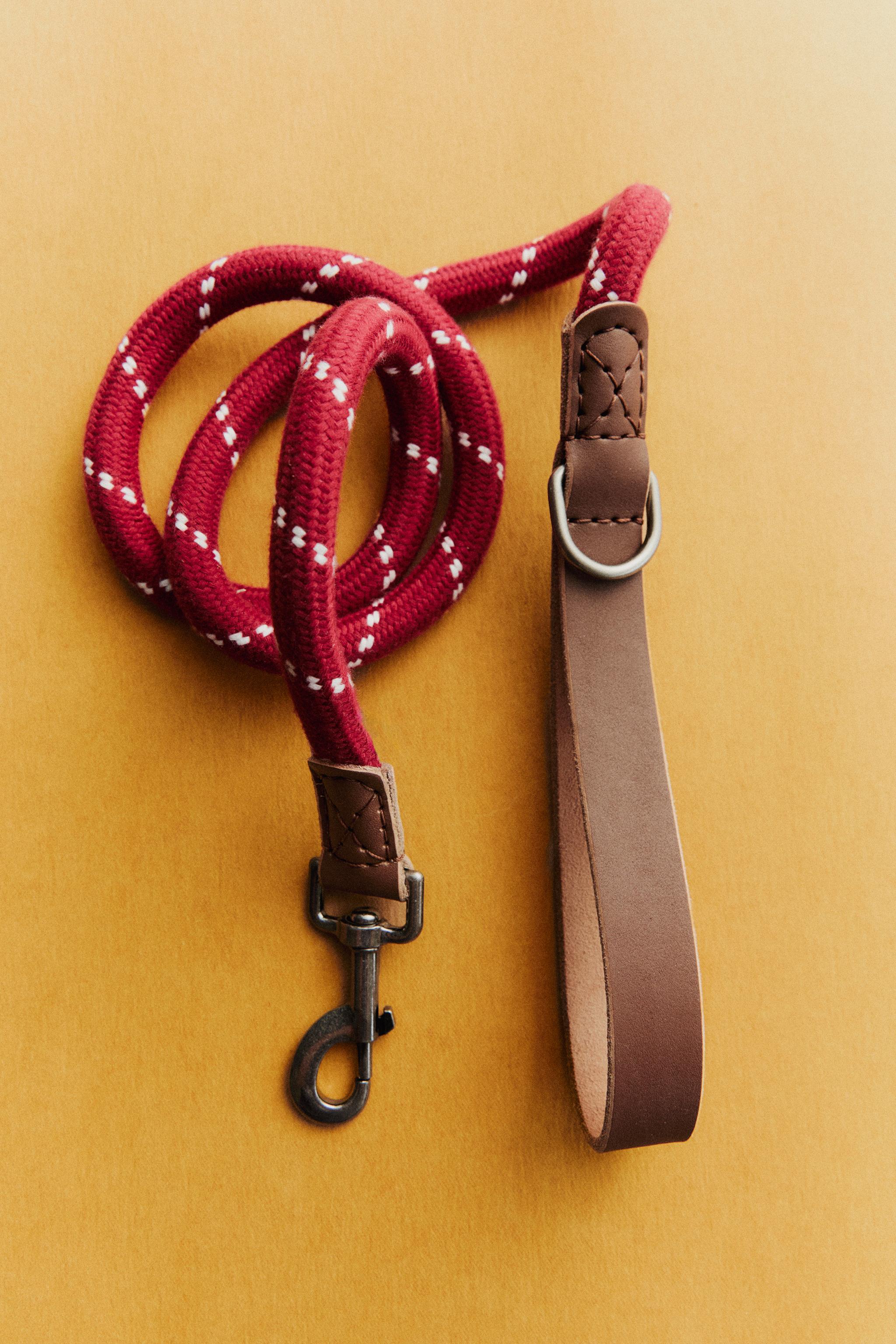 ROPE AND LEATHER PET LEAD — Red