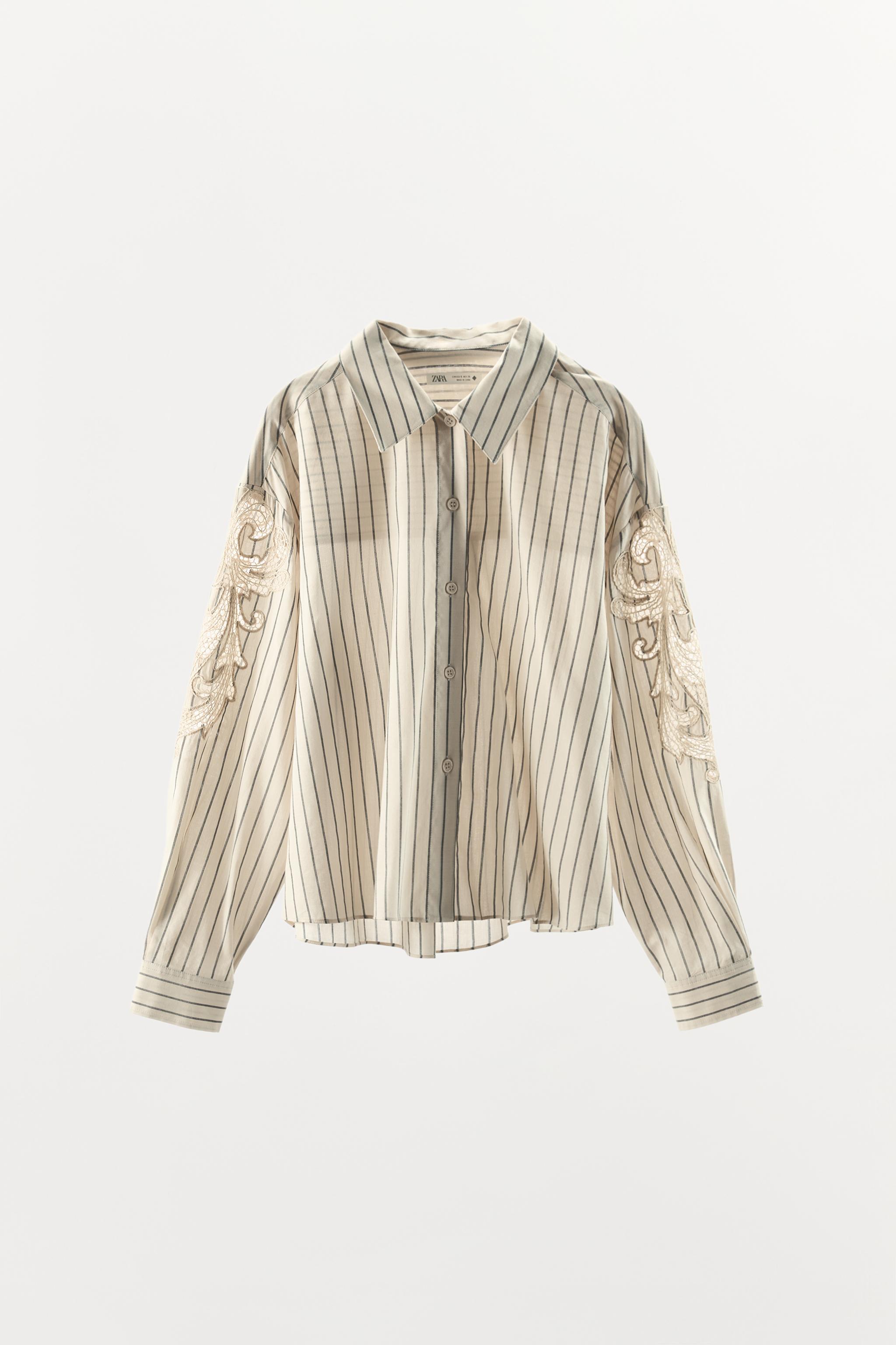 刺繍レースストライプ柄シャツ - エクリュ/ブラック | ZARA Japan / 日本