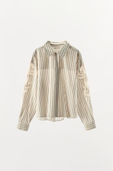 STRIPED SHIRT WITH EMBROIDERED LACE - Ecru / Black by Zara - Image 2