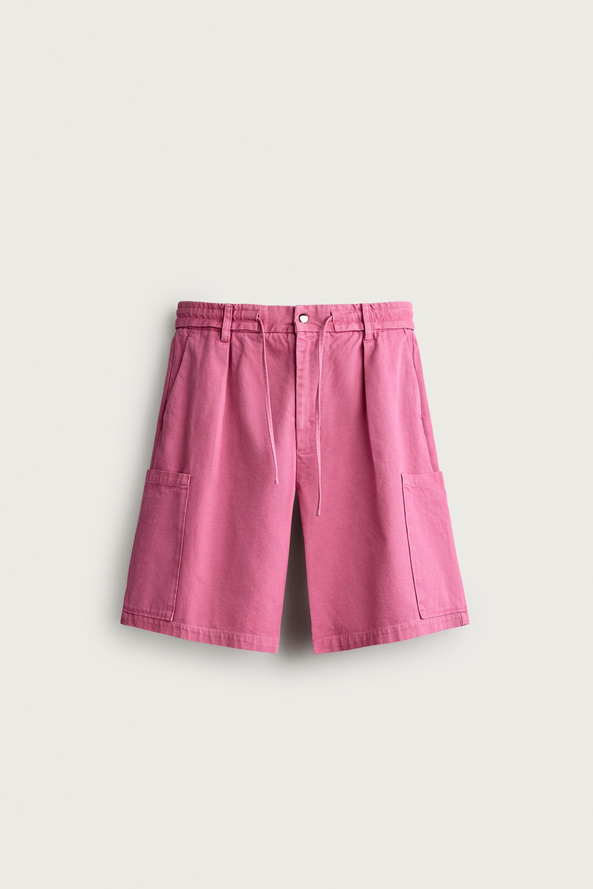 RELAXED FIT WASHED CARGO SHORTS — Magenta