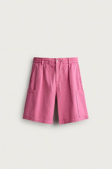 WASHED RELAXED FIT CARGO BERMUDA SHORTS - Magenta by Zara