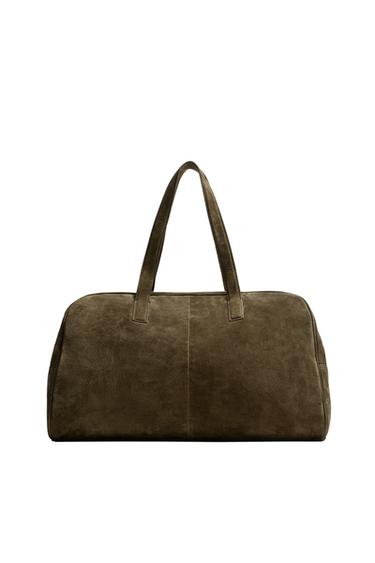Zara LEATHER TRAVEL BAG M - Khaki Green
