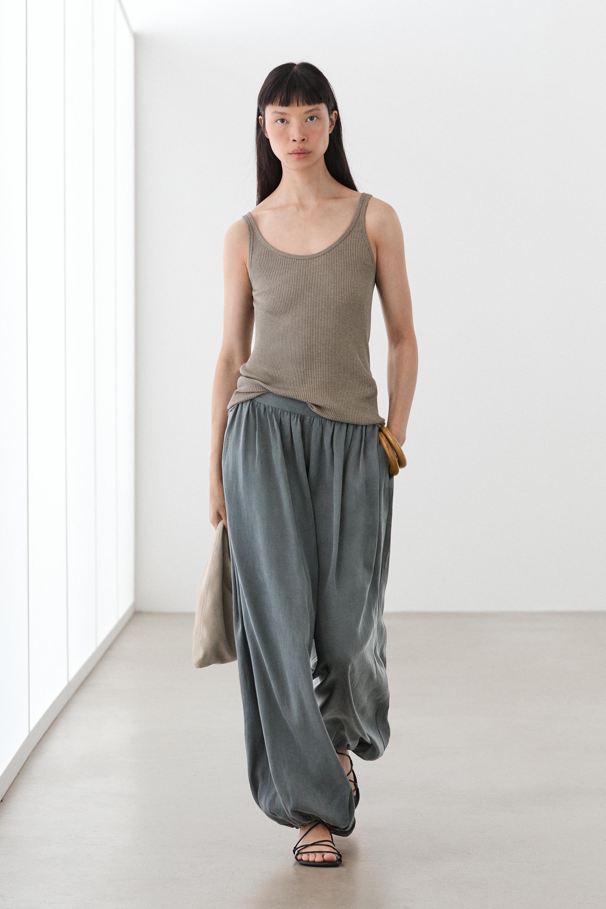 Pleated balloon fit linen blend trousers — Blue / Gray