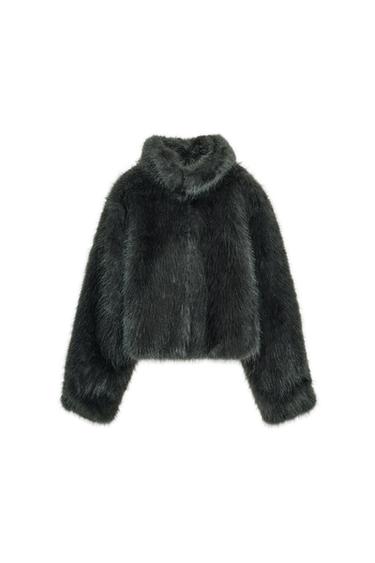 Front view of a short dark lead faux fur coat, high neck, long sleeves, side pockets, concealed toggle fastening.