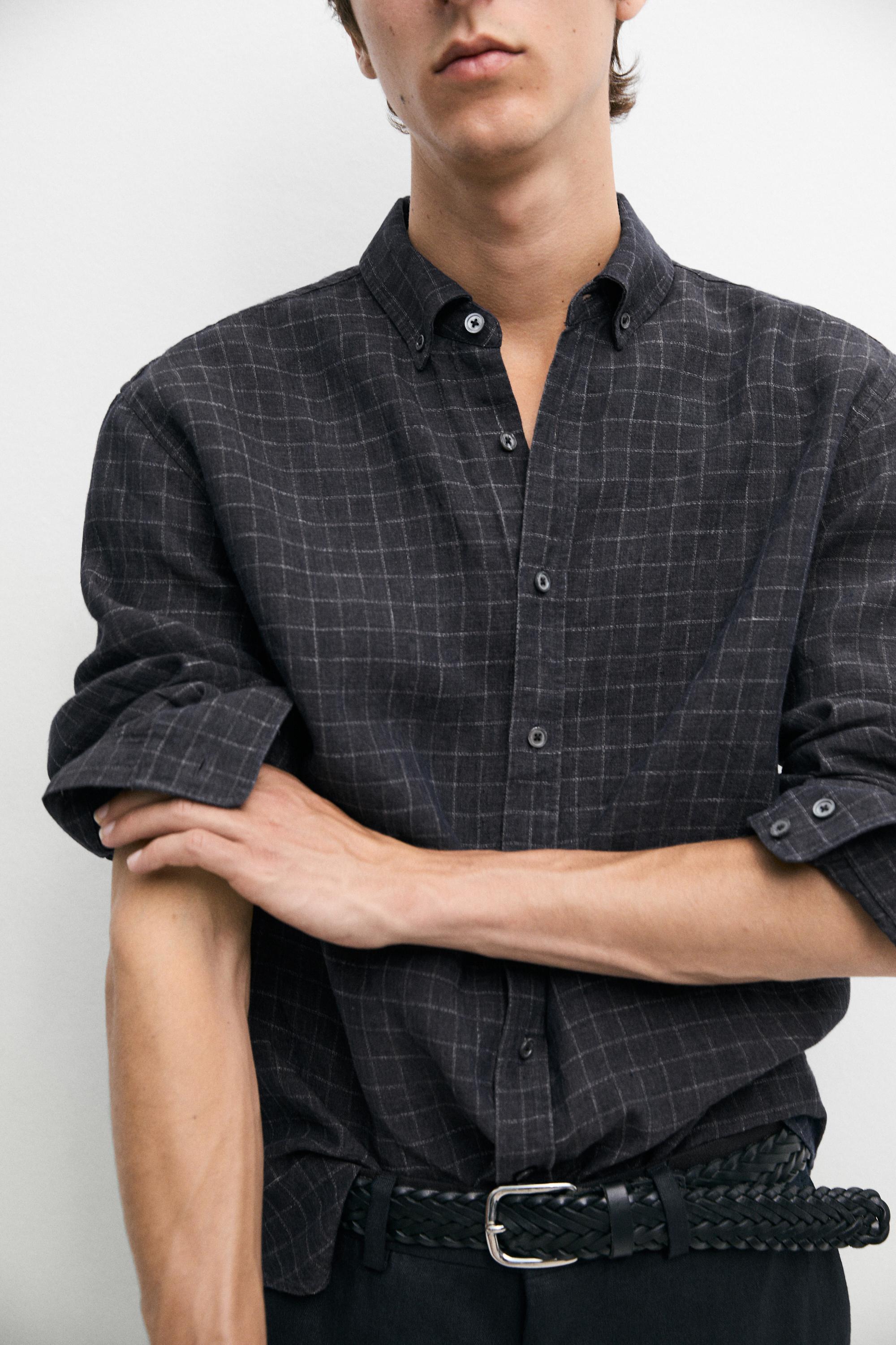 Chemise à carreaux regular fit 100 % lin
