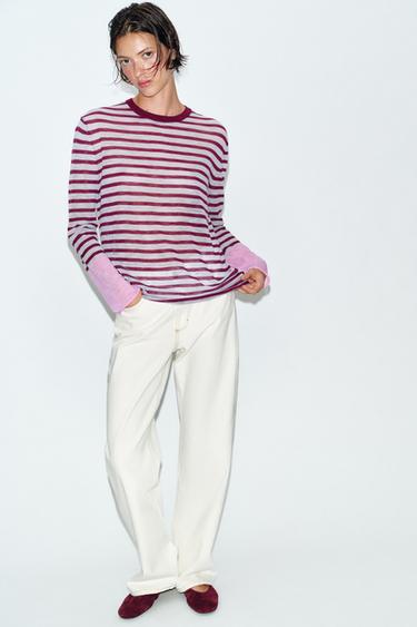 STRIPED KNIT JUMPER - Burgundy by Zara