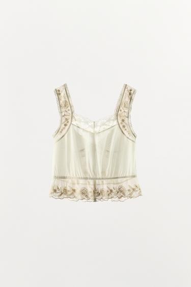 PLEATED TOP WITH EMBROIDERY AND BEADING - Ecru by Zara - Image 5