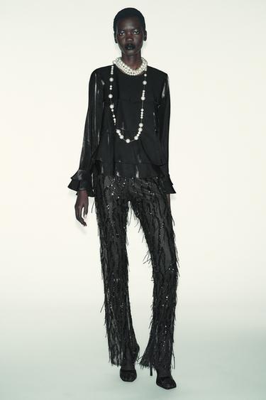 Zara RUFFLED SHINY FABRIC BLOUSE - Black