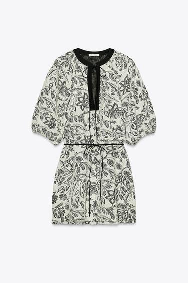 Zara BELTED JACQUARD DRESS - Ecru / Black