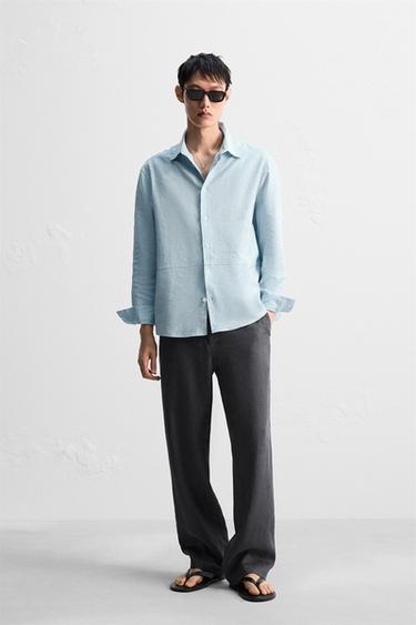 リネン&コットンシャツ空色Zaraのリネン&コットンシャツ - 空色
