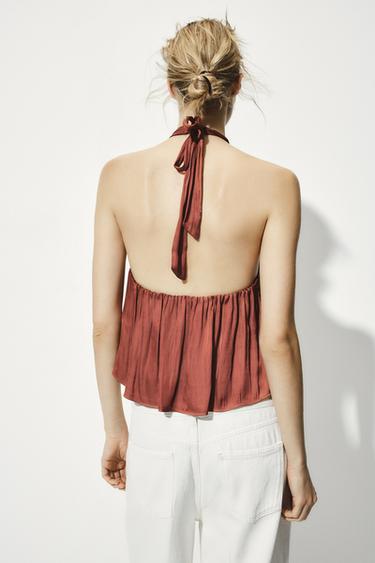 Zara SATIN EFFECT HALTER TOP - MARSALA