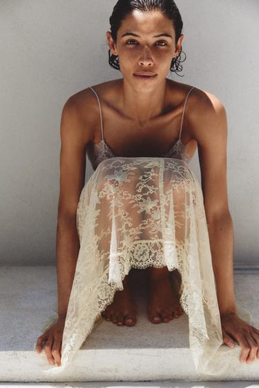 ASYMMETRIC LACE MIDI SKIRT - Ecru by Zara