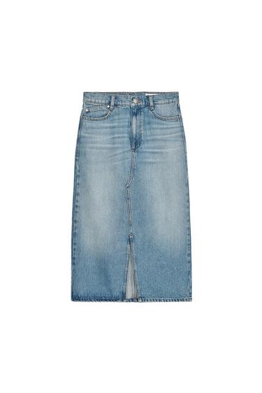 Light blue midi denim skirt with a distressed wash. Features front pockets, a button fastening and a front slit on a white background.