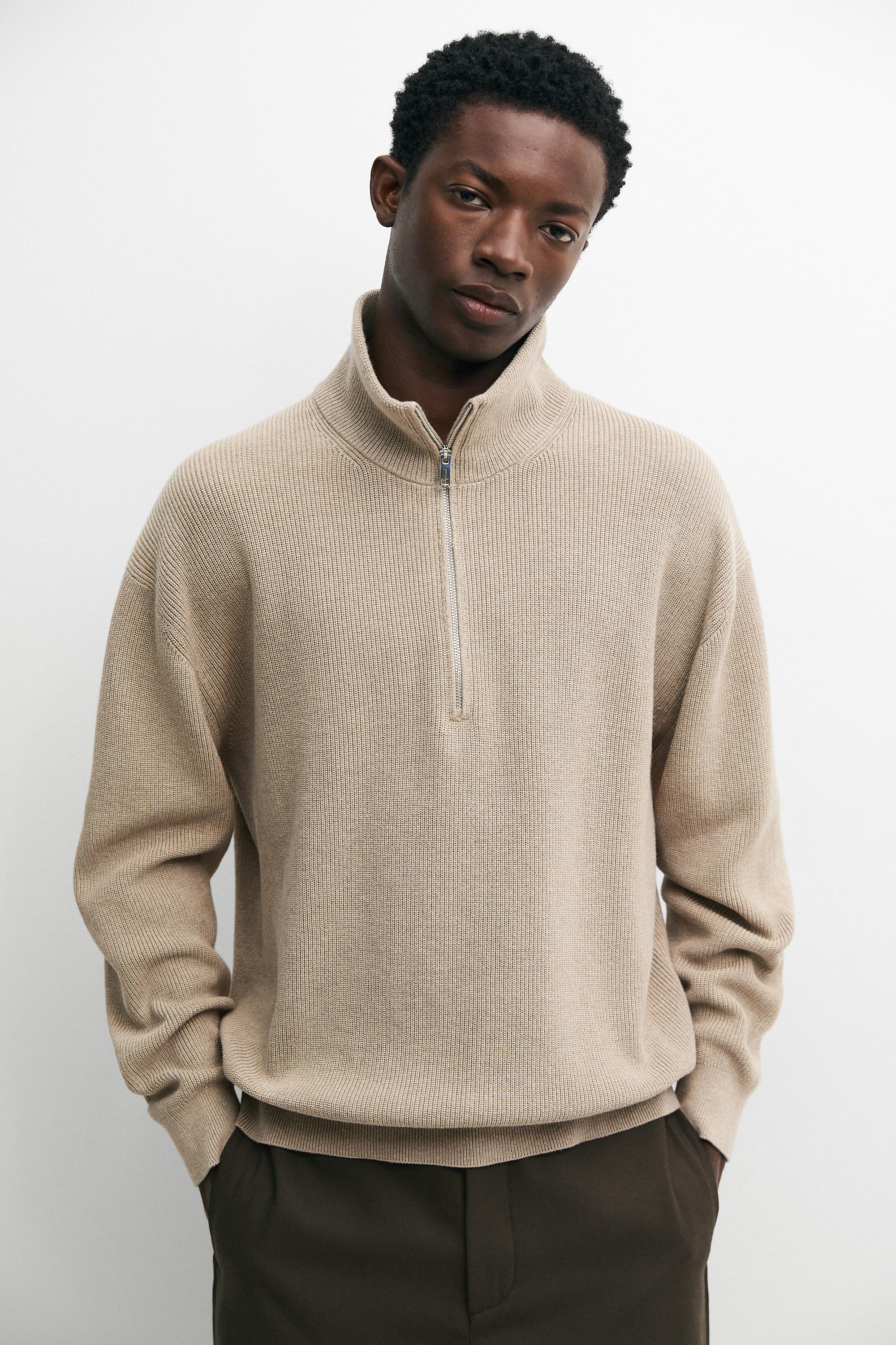 100% cotton mock neck knit sweater — Beige