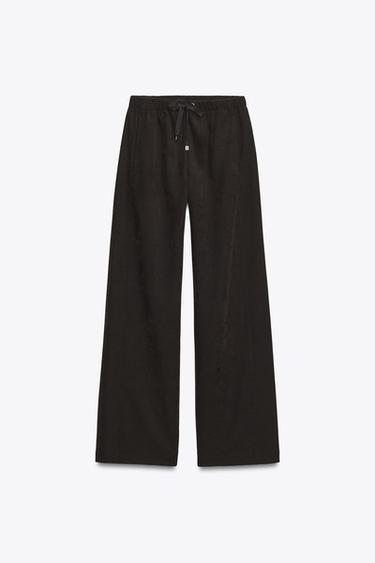 Zara ELASTIC WAIST WIDE LEG PANTS - Dark brown