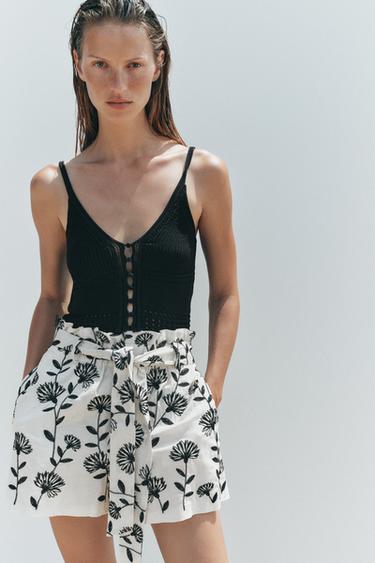 BERMUDA PAPER BAG BRODÉE - Écru / Noir de Zara