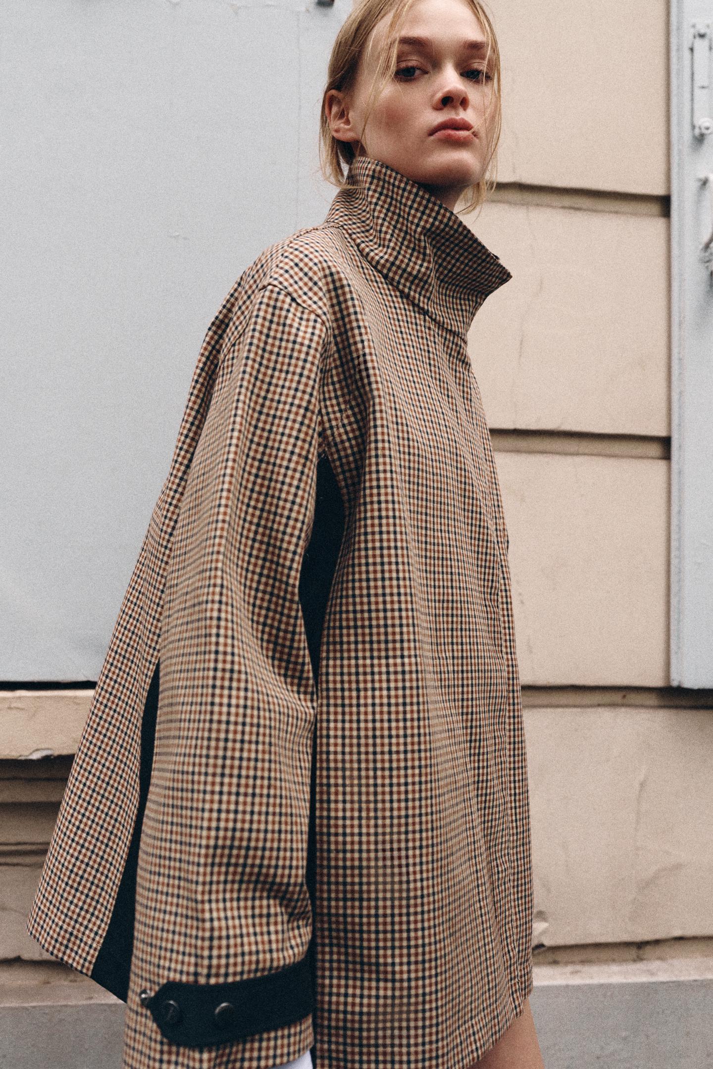 Женская куртка Zara ZW Collection Checked Cropped Parka, цвет: Коричневый / Экрю — фото 2
