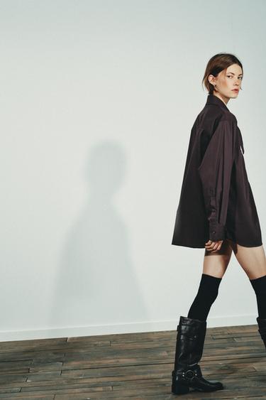 POPLIN SHIRT WITH SCARF DETAIL - Dark brown by Zara - Image 3