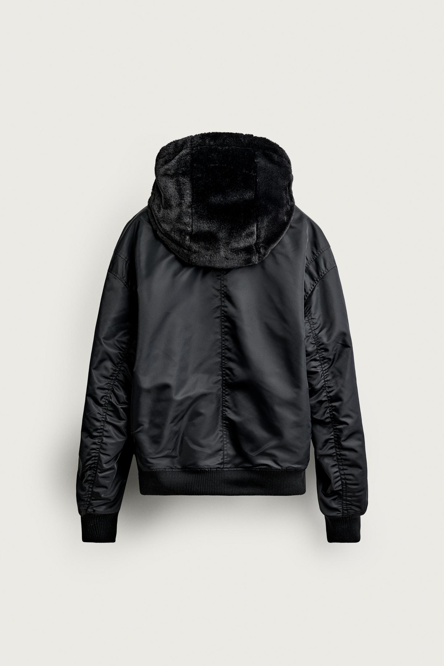 Мужская куртка Zara Reversible Faux Fur Effect Bomber, цвет: Чёрный — фото 11