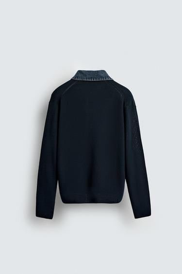 DENIM COLLAR COMBINATION KNIT POLO SHIRT - Navy blue by Zara - Image 7