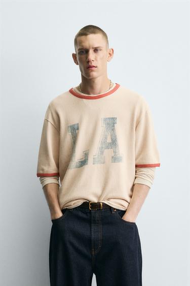 WASHED PRINTED KNIT T-SHIRT - Dark beige by Zara
