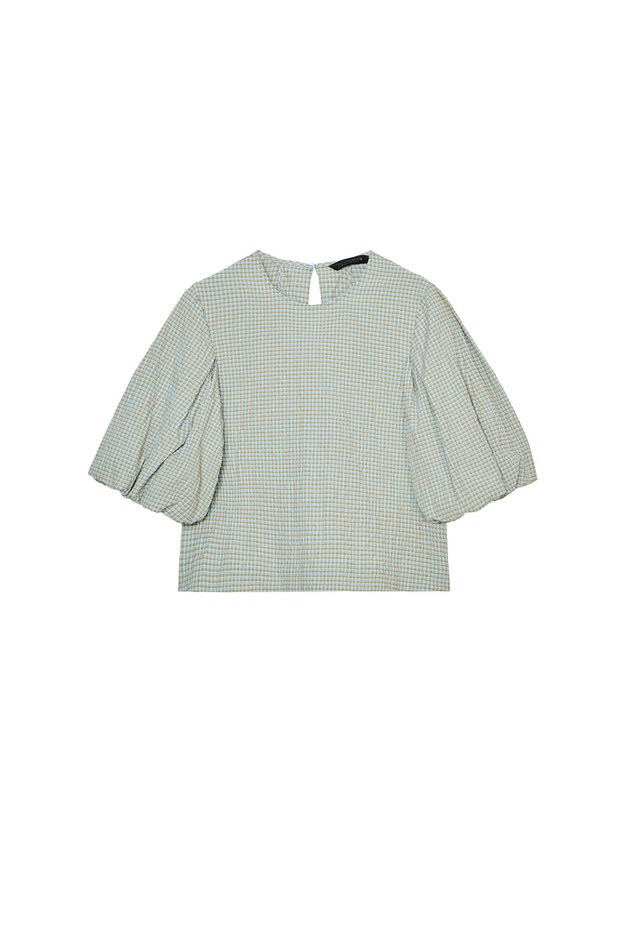 Haut Zara En Coton – Blanc Et Gris, Manches Carreaux Bouffantes, Taille M, Neuf Avec étiquette