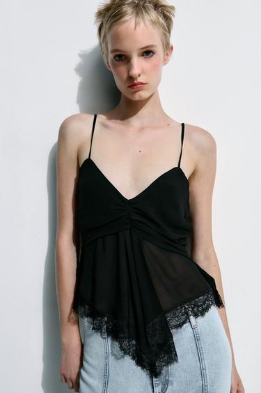 Zara ASYMMETRIC LACE TOP - Black