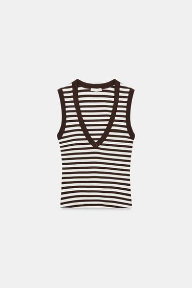 COTTON STRIPED V-NECK T-SHIRT - Brown Stripes by Zara