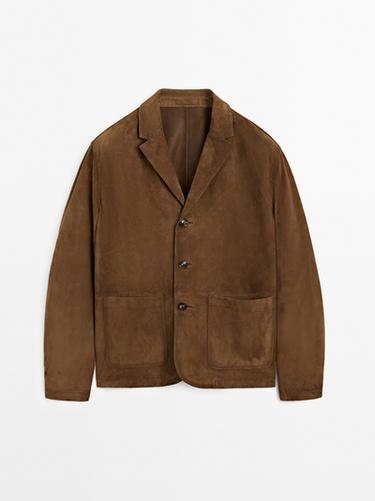 Zara Suede leather blazer with topstitching - Dark brown