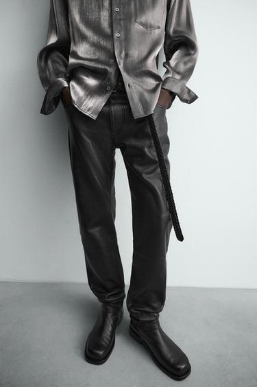 Zara LEATHER SLIM FIT PANTS - Black