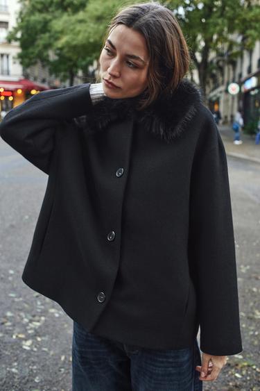 Zara SHORT WOOL BLEND COAT WITH FAUX FUR LAPELS - Black