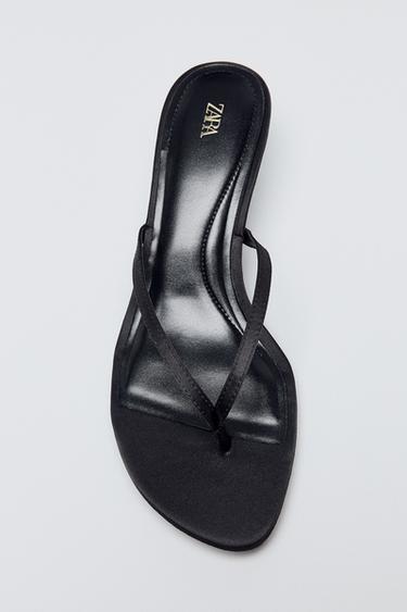 Zara SATIN KITTEN HEEL SANDALS - Black