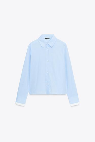 バックリボン付きクロップド丈シャツホワイト/空色Zaraのバックリボン付きクロップド丈シャツ - ホワイト/空色