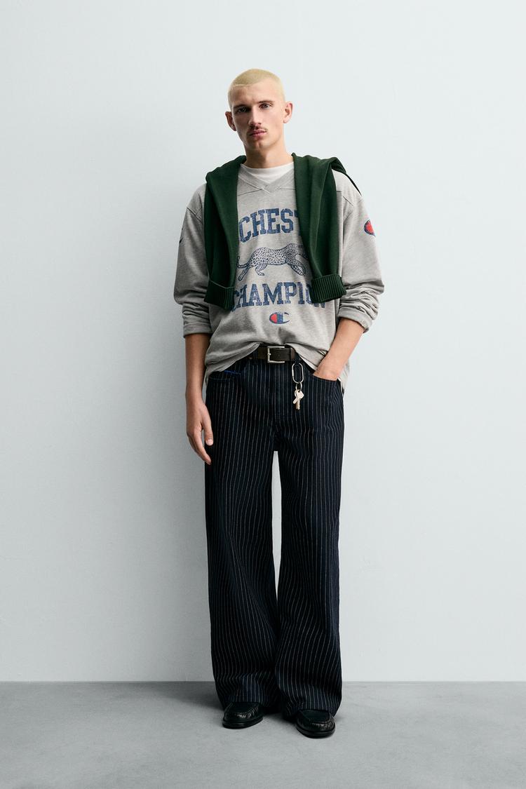 CHAMPION ® X ZARA STRIPED BAGGY FIT JEANS Blue ZARA Canada