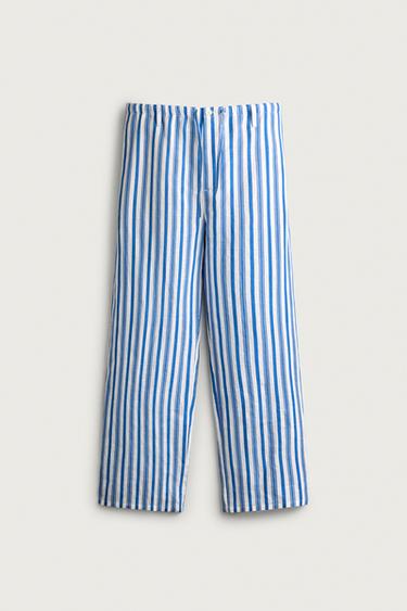 100% LINEN RELAXED FIT TROUSERS - Navy / White by Zara